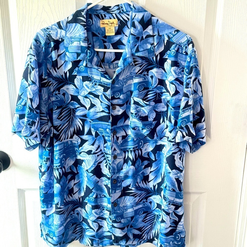 Panama Jack Hawaii Road Trip Button Shirt Blue Woodie Wagon Rayon Mens L 29108W